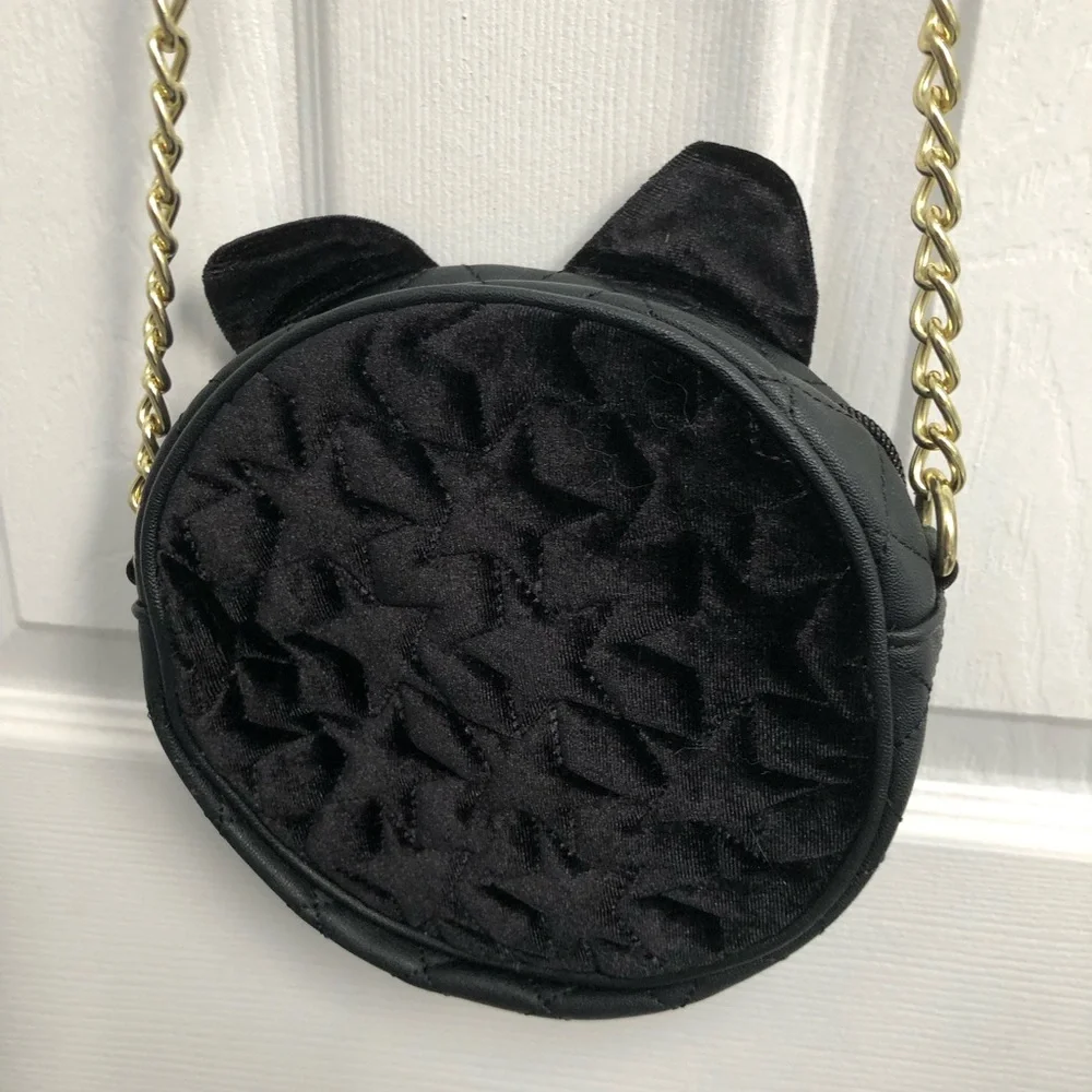 Luv Betsey Johnson Quilted Black Cat Star Velvet Crossbody Purse LBAVA FLAWS